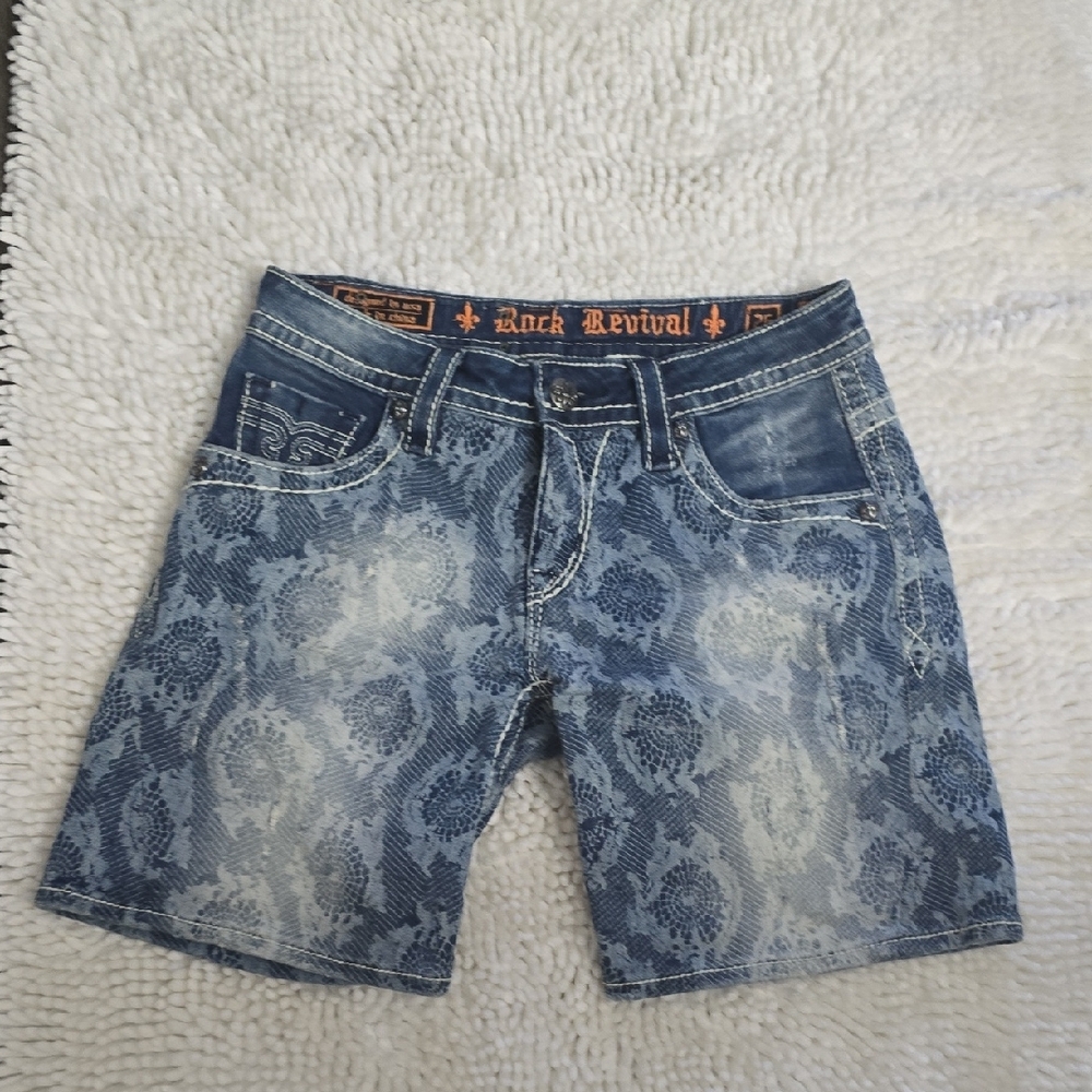 Rock Revival Patterned Blue Denim Shorts